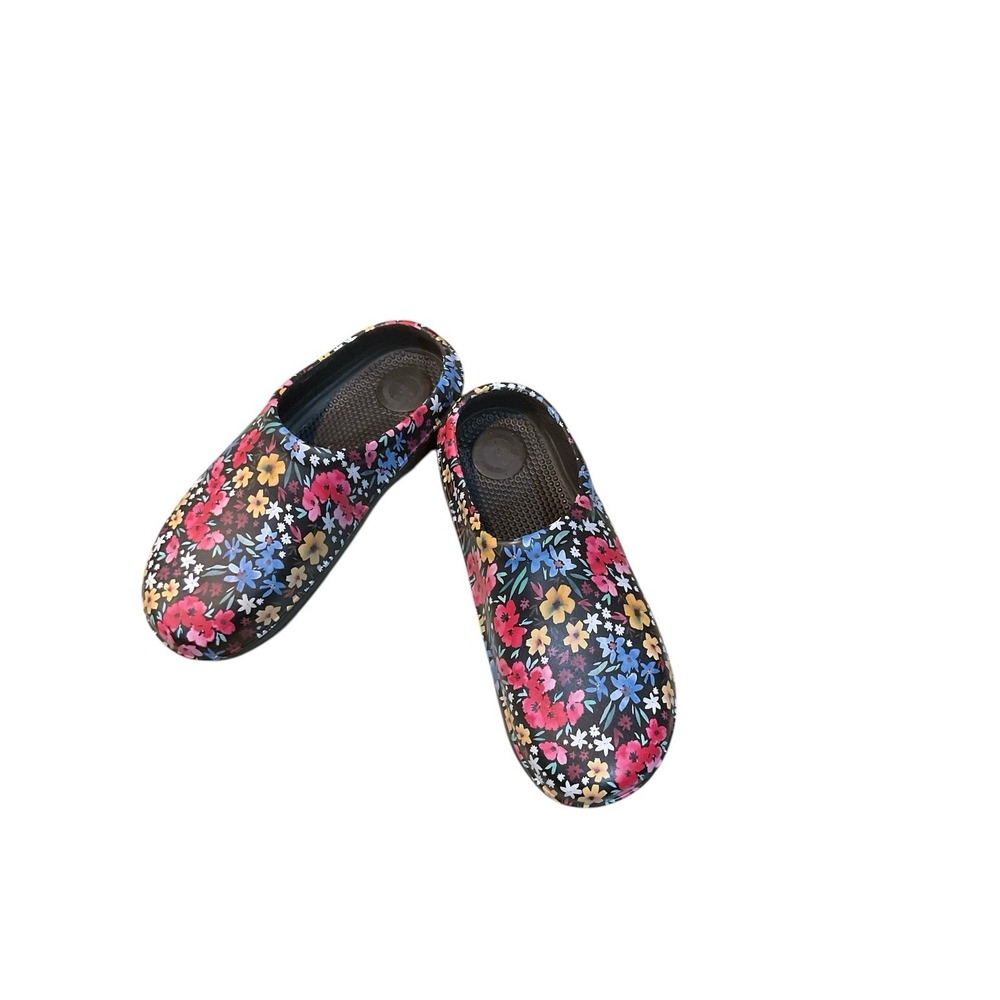 totes Black Floral Clog Mules with Pink, Blue & Yellow Flowers